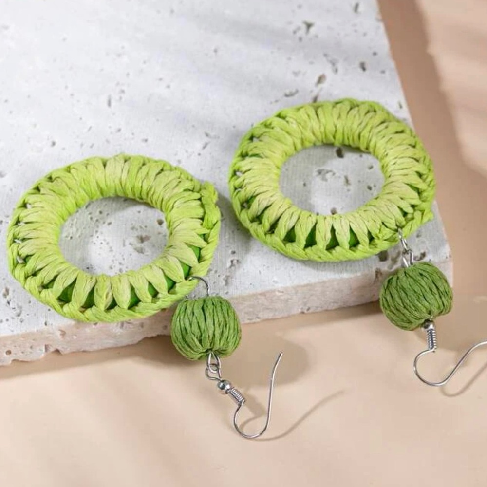 Rattan Round Drop Earrings Green Fiesta‎ Spring Cinco de Mayo FIESTA - Picture 3 of 3